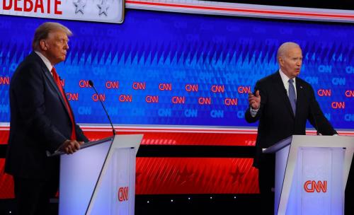 Democrat candidate, U.S. President Joe Biden, speaks during a presidential debate with Republican candidate, former U.S. President Donald Trump, in Atlanta, Georgia, U.S., June 27, 2024.