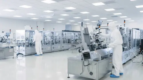 Sterile High Precision Manufacturing Laboratory where Scientists in Protective Coverall's Turn on Machninery, Use Computers and Microscopes, doing Pharmaceutics, Biotechnology Semiconductor Research.